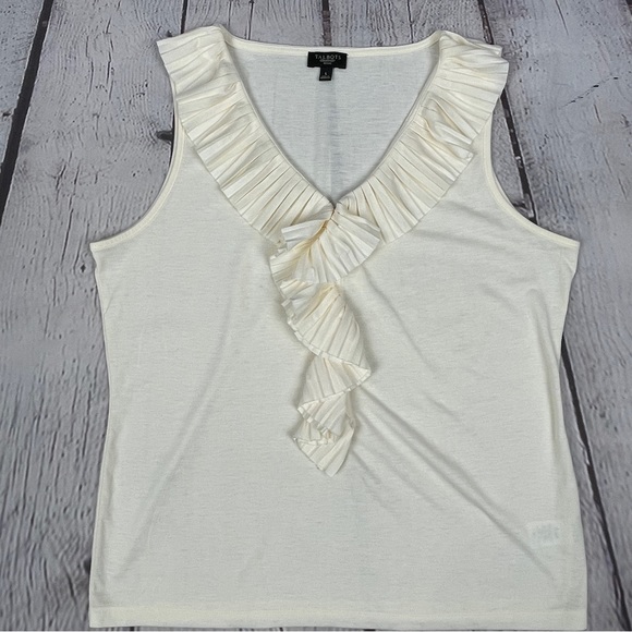 TALBOTS women's soft beige pleated ruffled neckline tank top, size L Petite - Picture 5 of 10